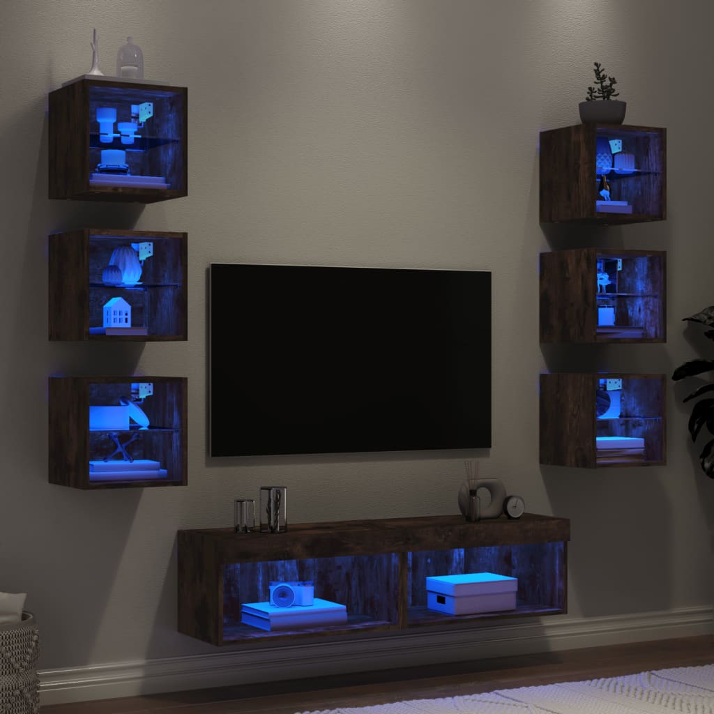 8 darab füstös tölgy színű szerelt fa TV-bútor LED-del