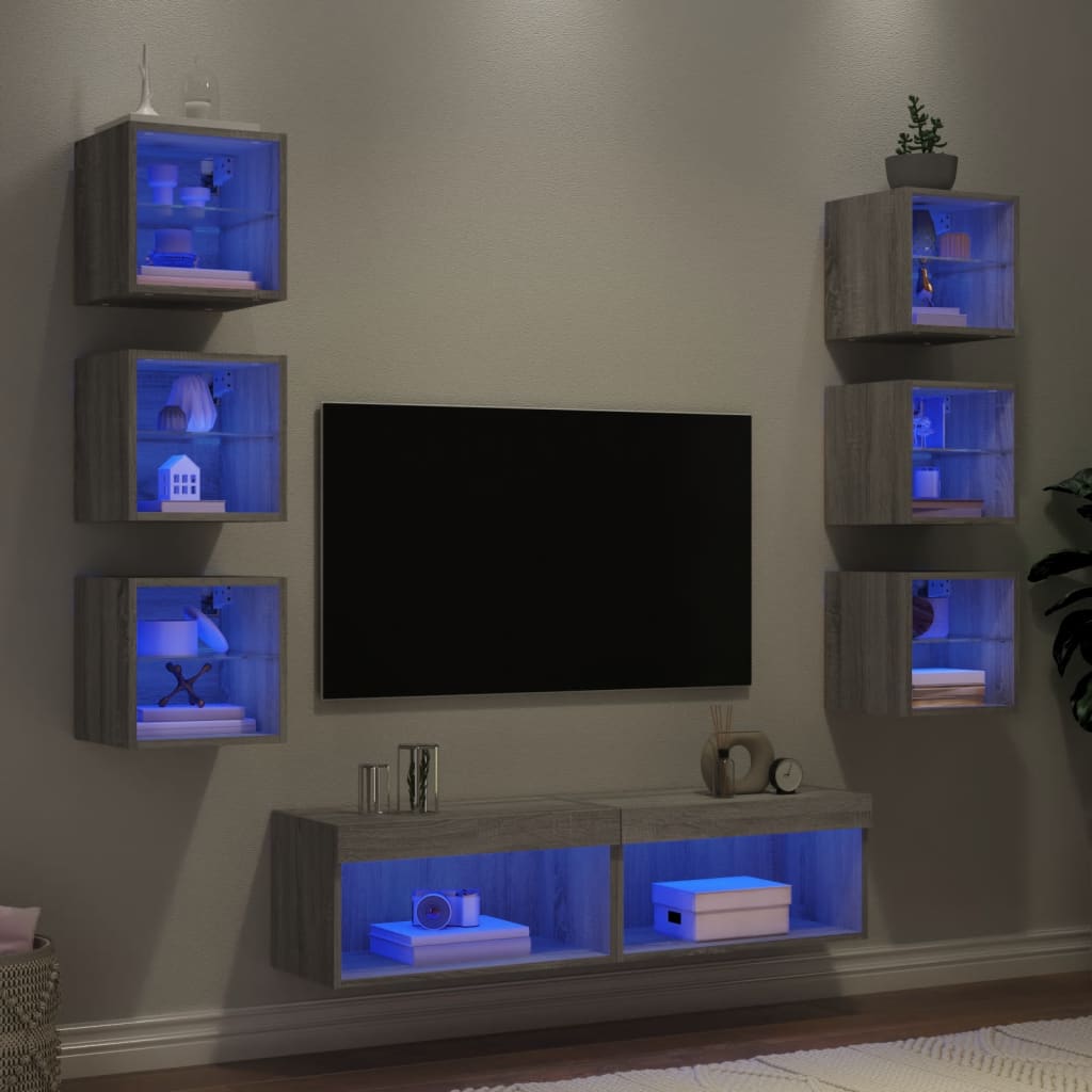 8 darab szürke sonoma színű szerelt fa fali TV-bútor LED-del