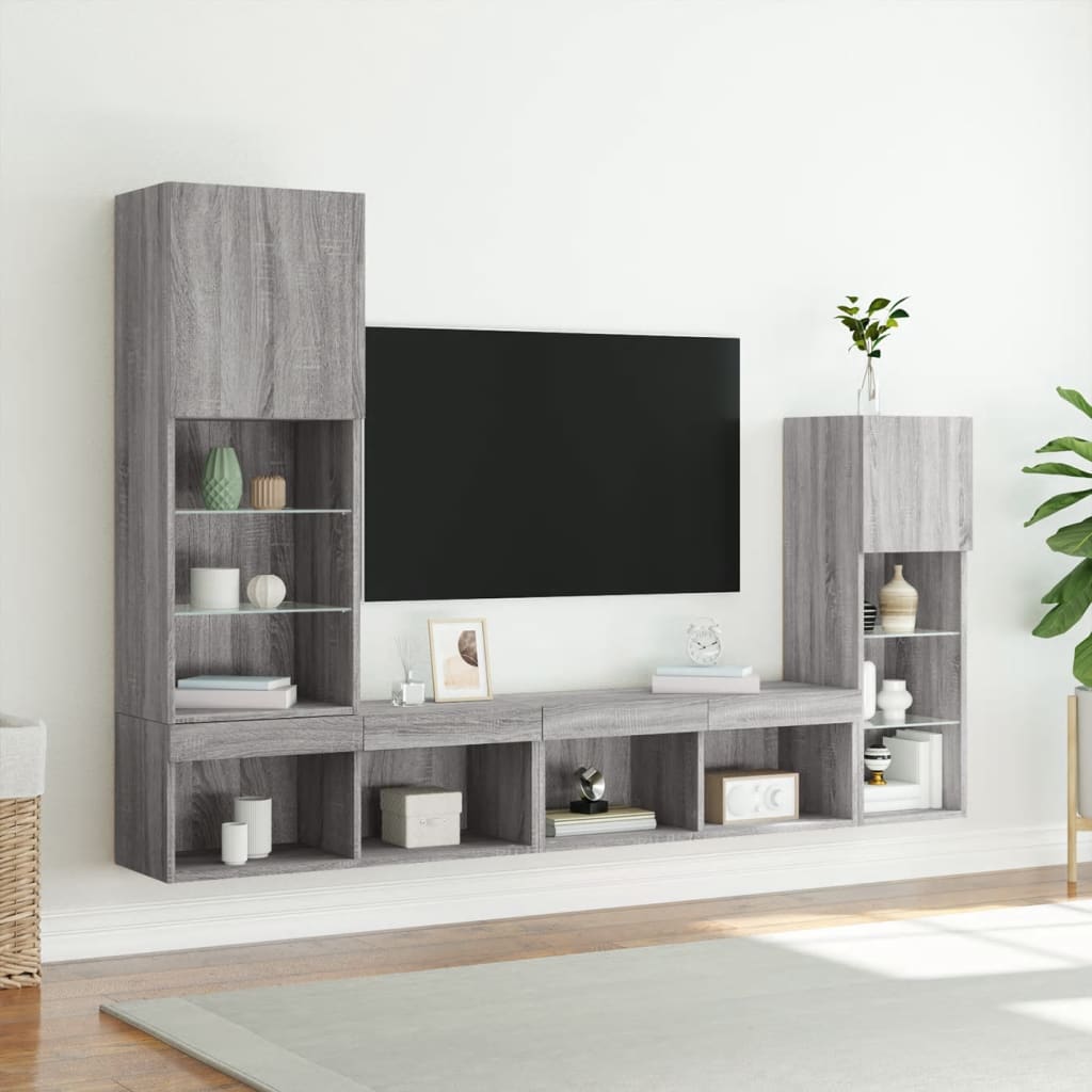 4 darab szürke sonoma színű szerelt fa fali TV-bútor LED-del