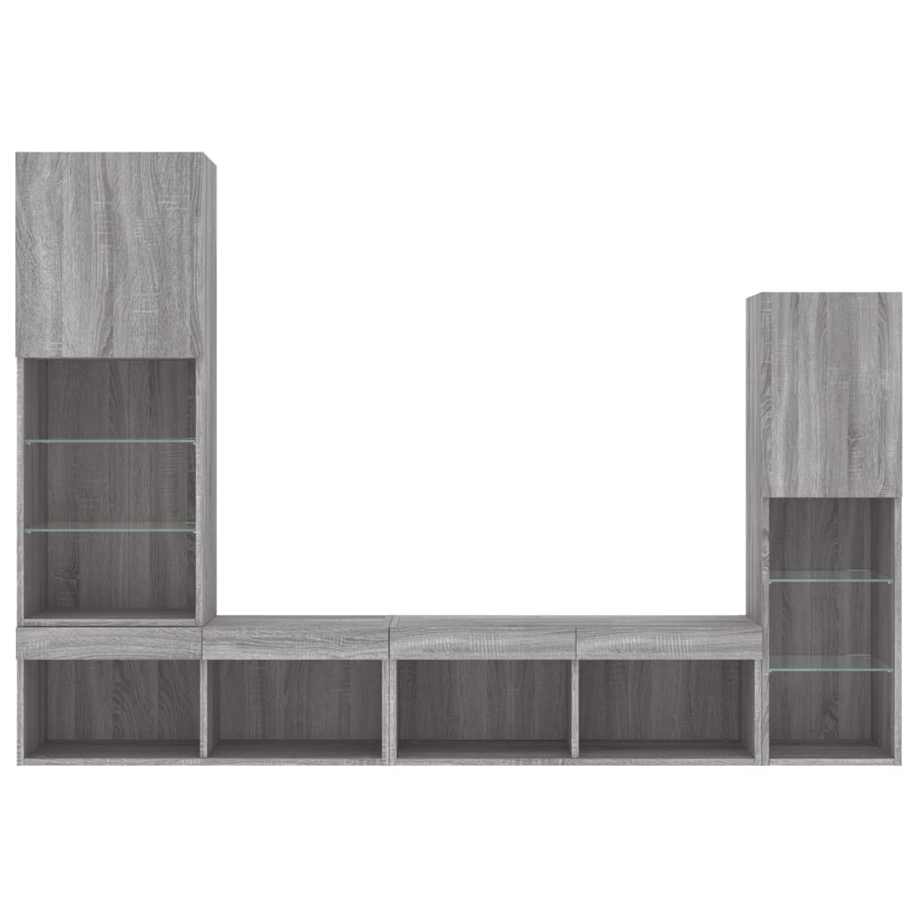 4 darab szürke sonoma színű szerelt fa fali TV-bútor LED-del