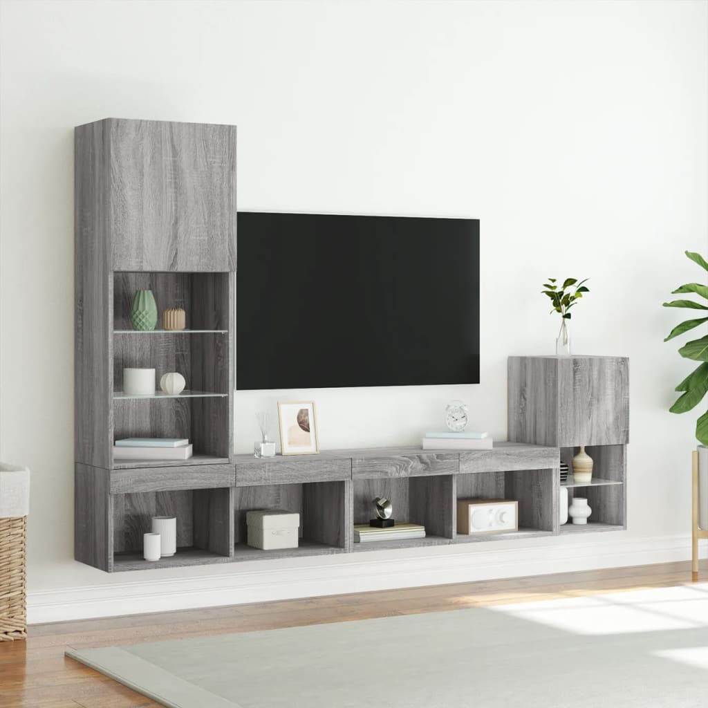 4 darab szürke sonoma színű szerelt fa fali TV-bútor LED-del