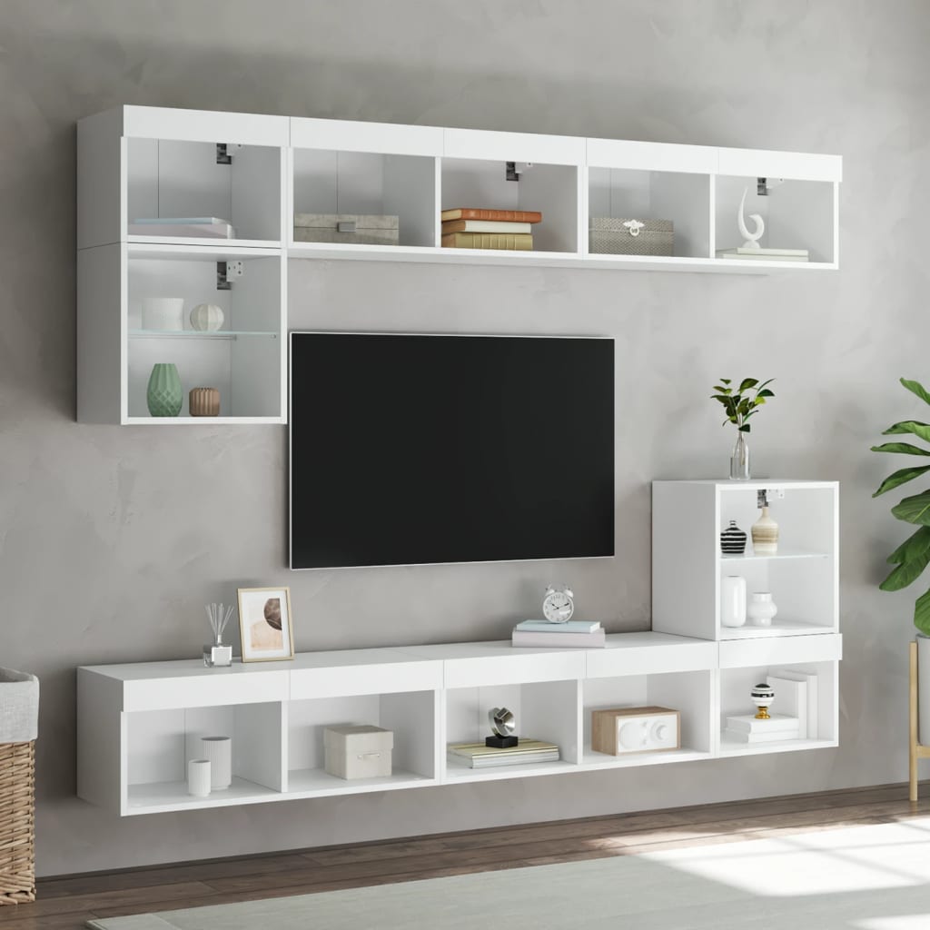 8 darab fehér szerelt fa fali TV-bútor LED-del