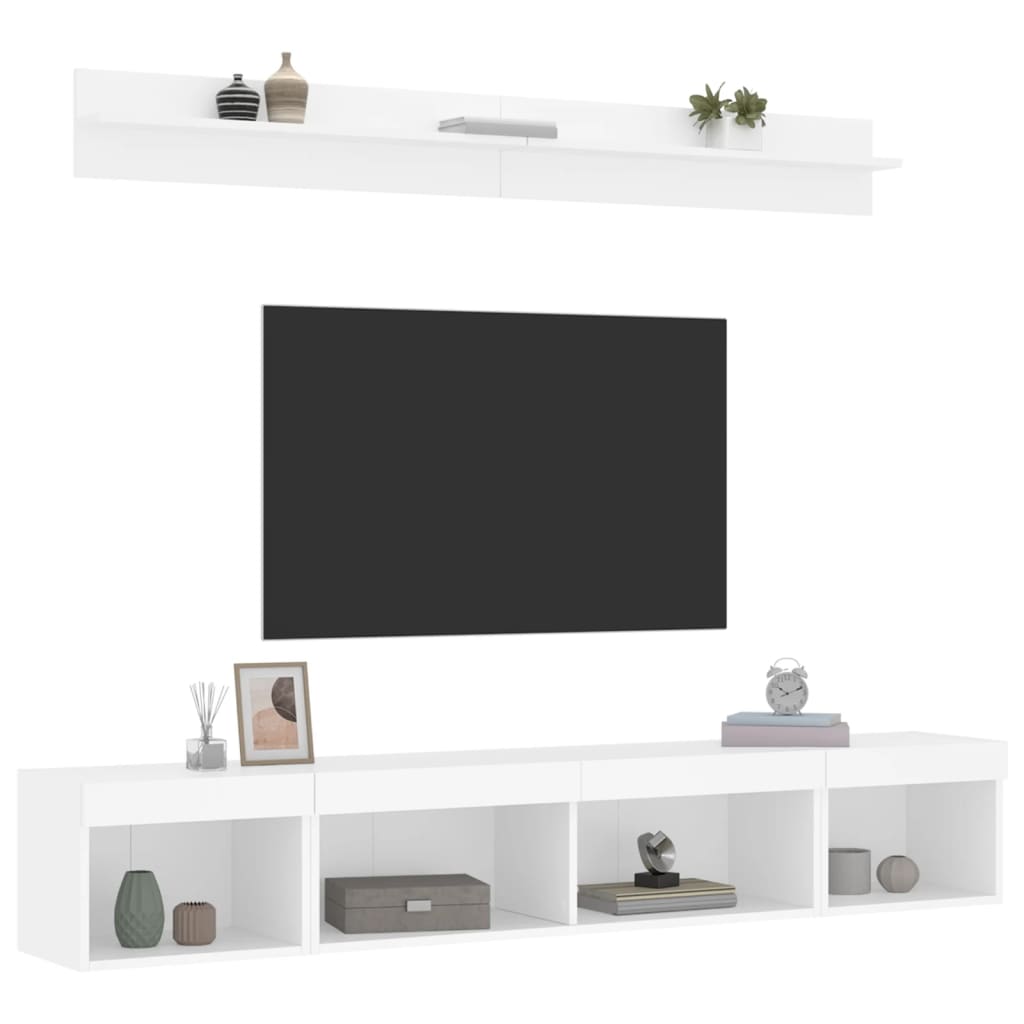 5 darab fehér szerelt fa fali TV-bútor LED-del