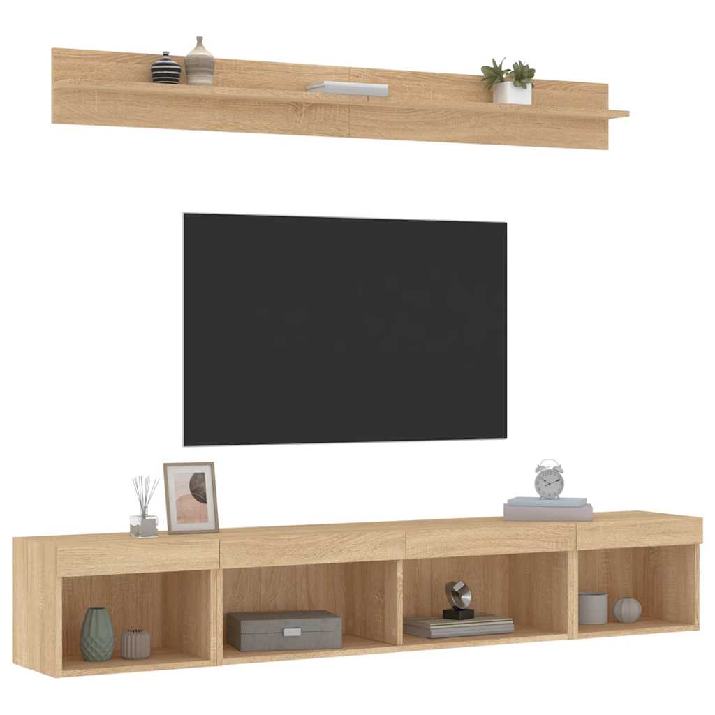 5 darab füstös tölgy színű szerelt fa TV-bútor LED-del