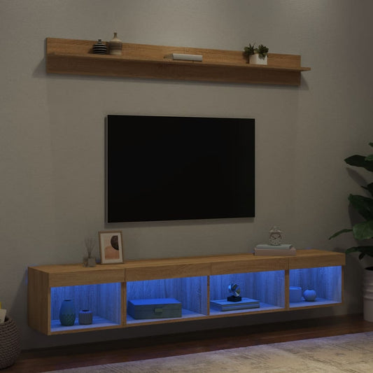 5 darab füstös tölgy színű szerelt fa TV-bútor LED-del