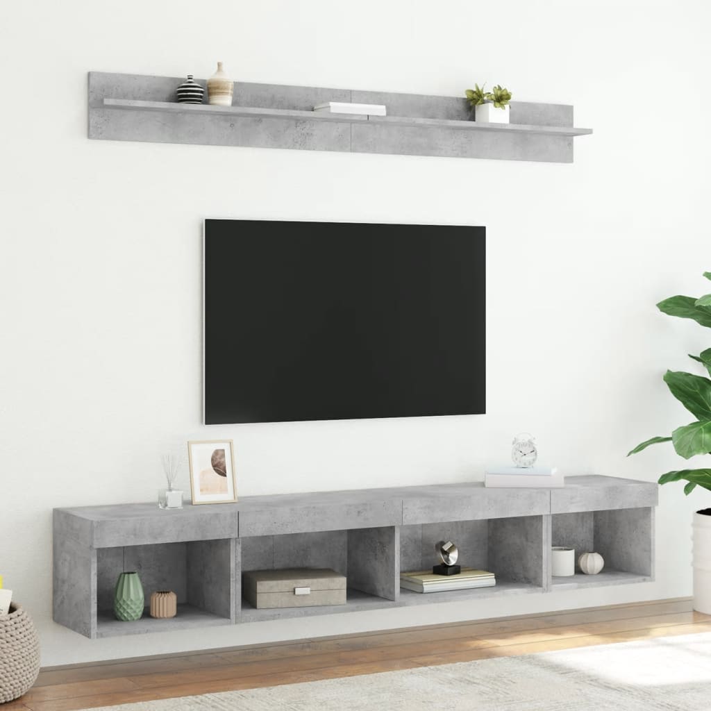 5 darab betonszürke szerelt fa fali TV-bútor LED-del