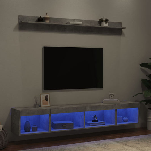 5 darab betonszürke szerelt fa fali TV-bútor LED-del