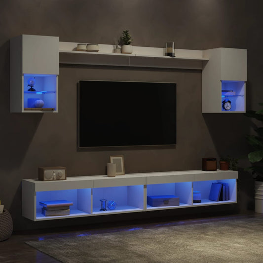 6 darab fehér szerelt fa fali TV-bútor LED-del
