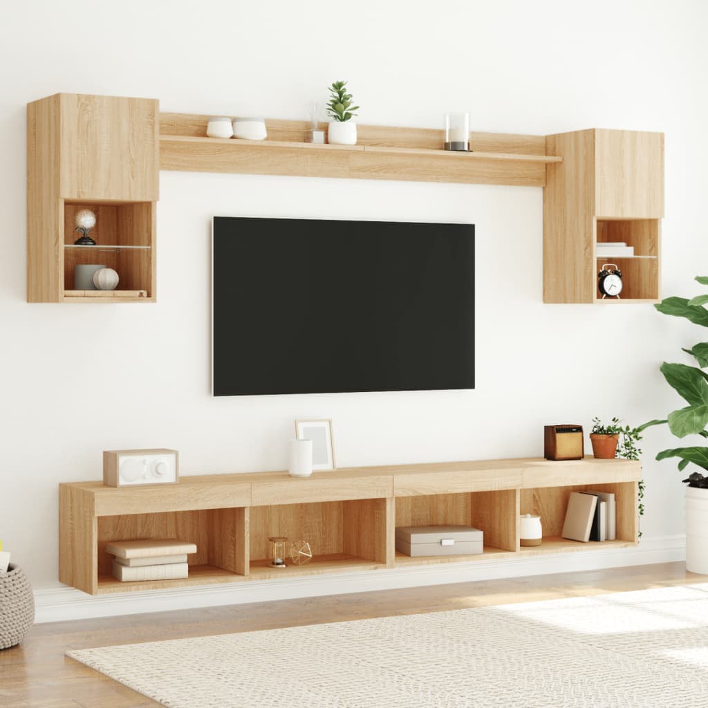 6 darab füstös tölgy színű szerelt fa TV-bútor LED-del