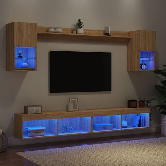 6 darab füstös tölgy színű szerelt fa TV-bútor LED-del