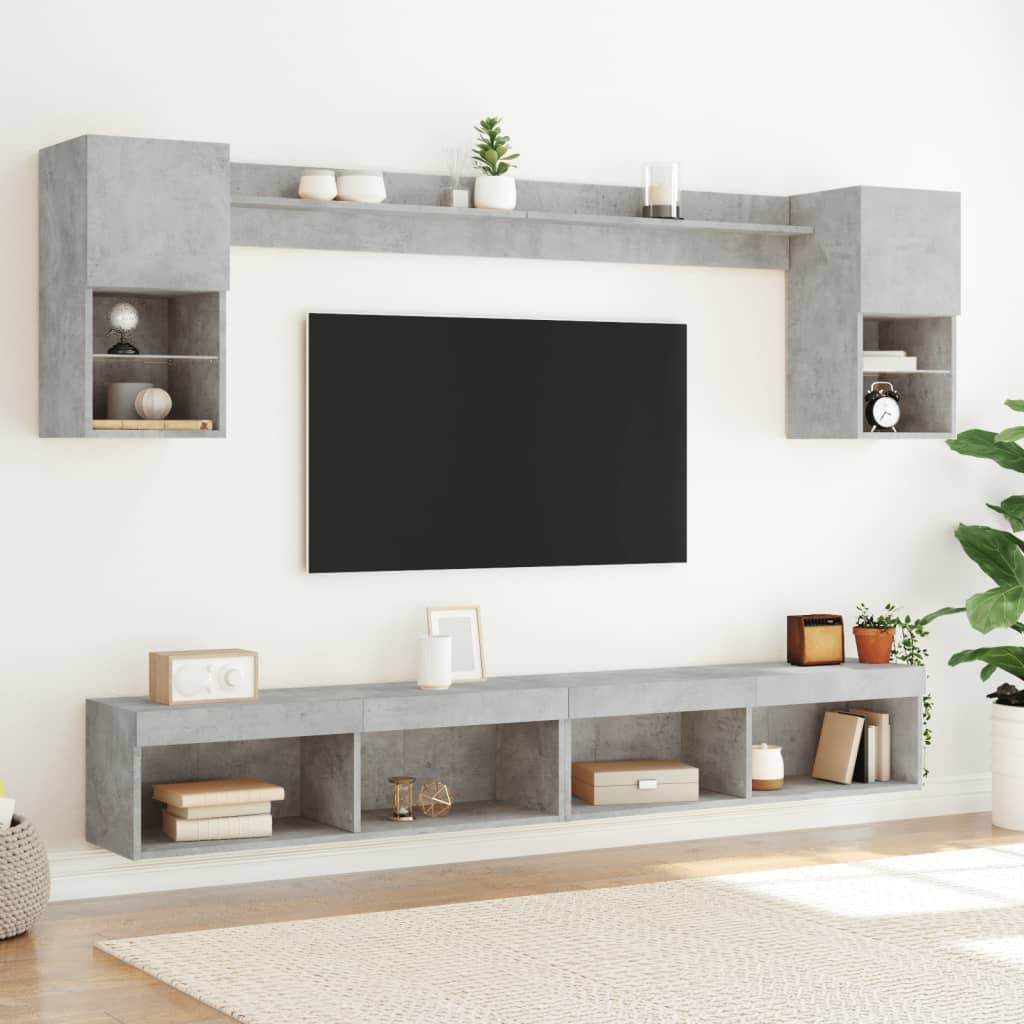 6 darab betonszürke szerelt fa fali TV-bútor LED-del