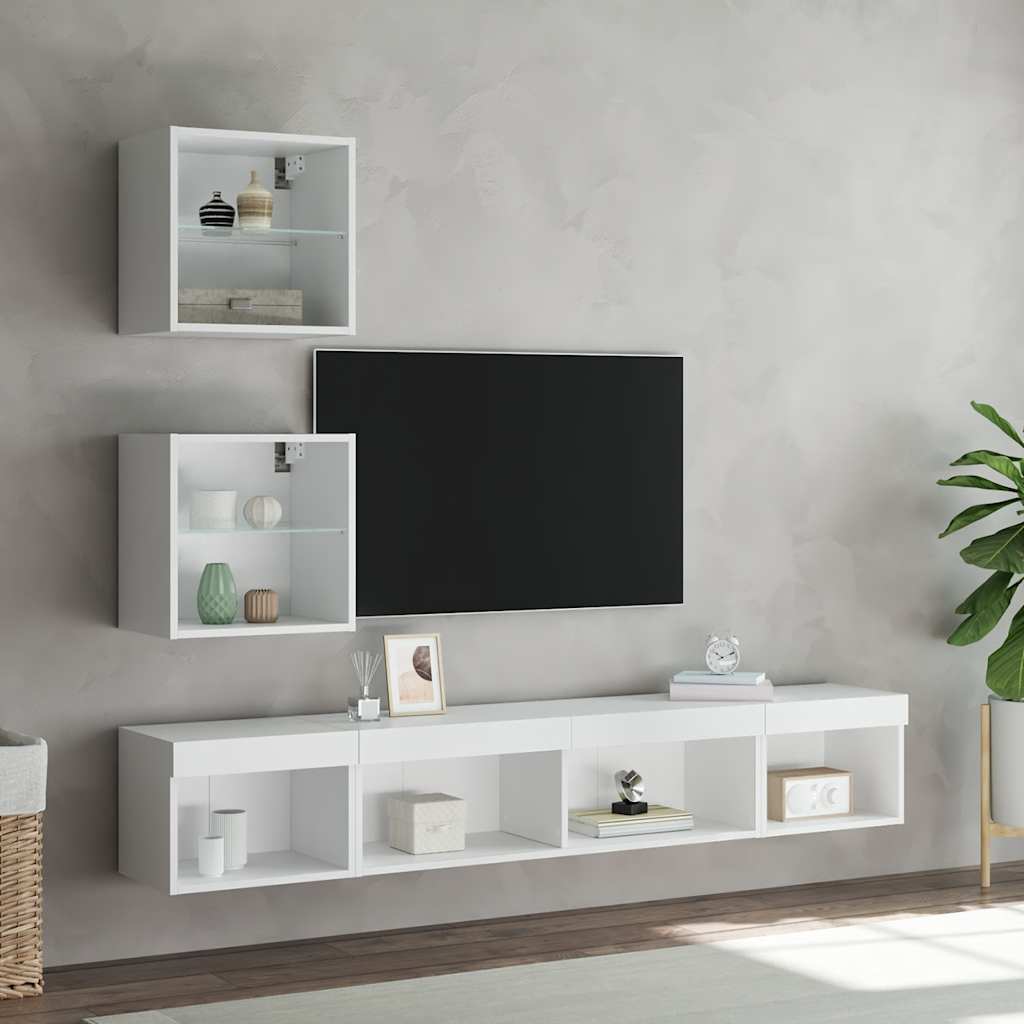 5 darab fehér szerelt fa fali TV-bútor LED-del