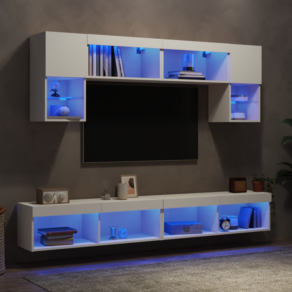 6 darab fehér szerelt fa fali TV-bútor LED-del