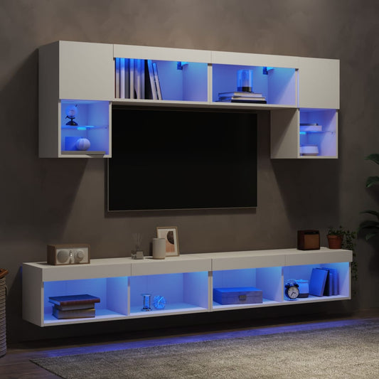 6 darab fehér szerelt fa fali TV-bútor LED-del