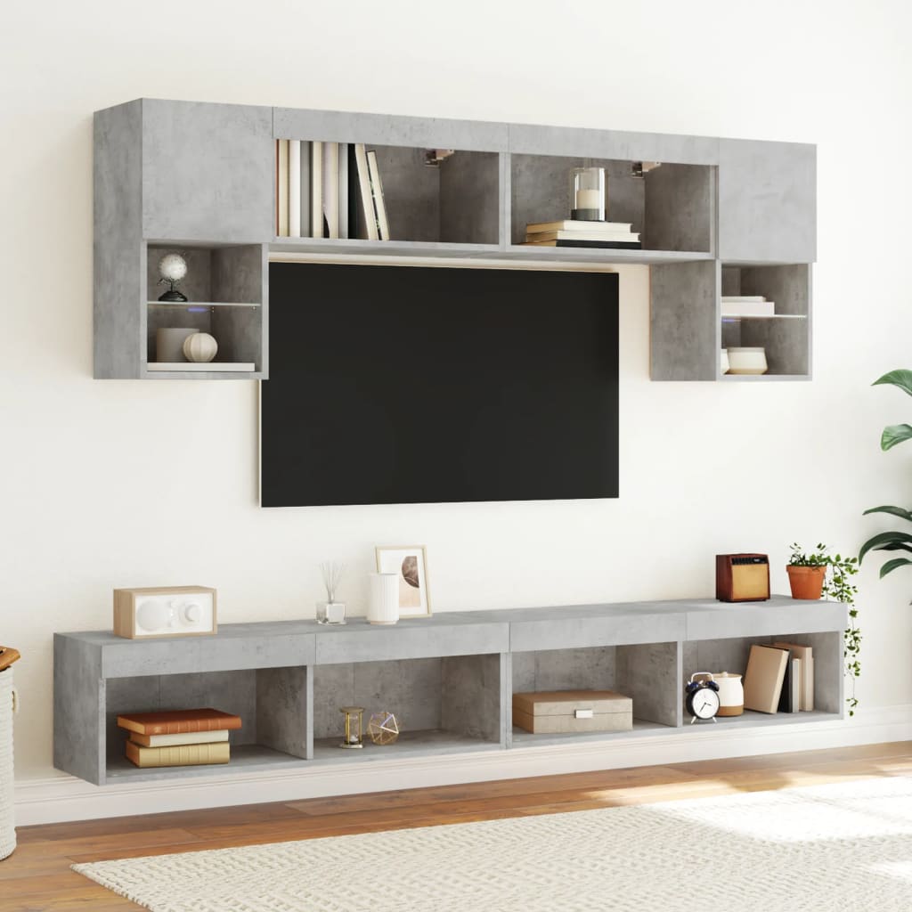 6 darab betonszürke szerelt fa fali TV-bútor LED-del