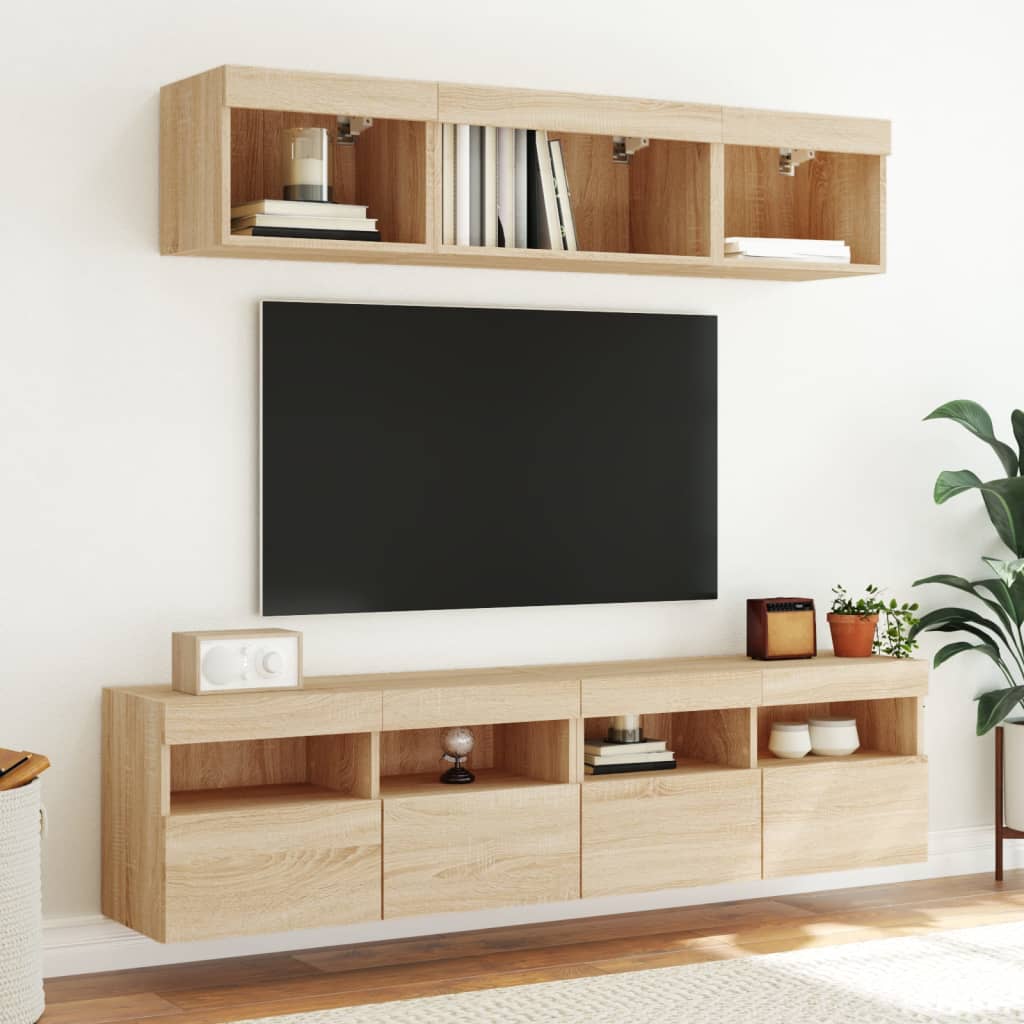 5 darab füstös tölgy színű szerelt fa TV-bútor LED-del