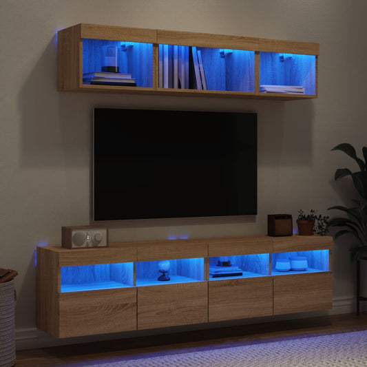 5 darab füstös tölgy színű szerelt fa TV-bútor LED-del