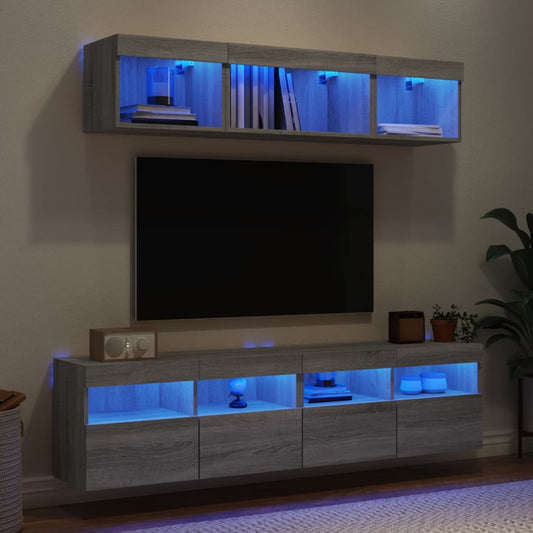 5 darab szürke sonoma színű szerelt fa fali TV-bútor LED-del