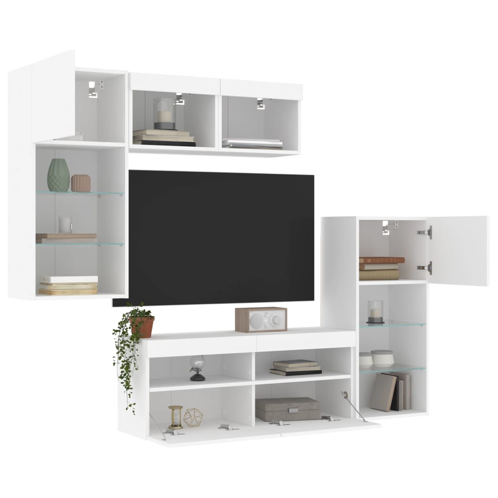 5 darab fehér szerelt fa fali TV-bútor LED-del