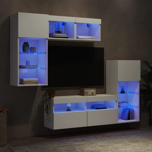 5 darab fehér szerelt fa fali TV-bútor LED-del