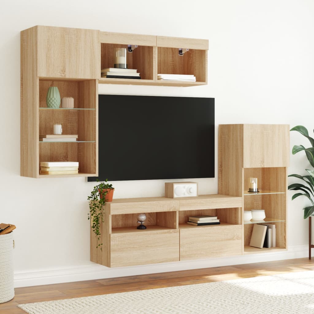5 darab füstös tölgy színű szerelt fa TV-bútor LED-del