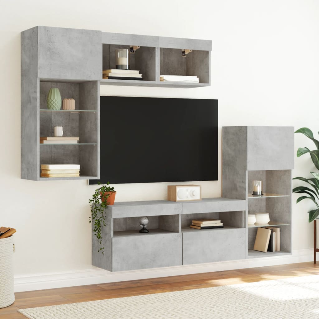 5 darab betonszürke szerelt fa fali TV-bútor LED-del