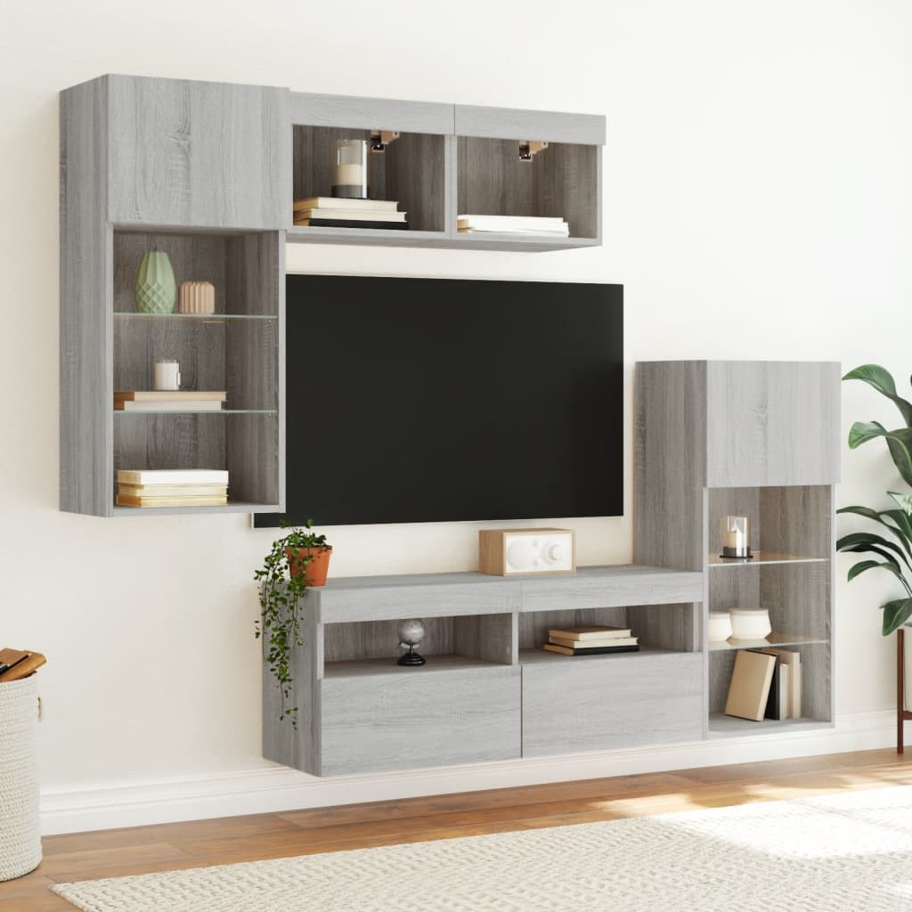 5 darab szürke sonoma színű szerelt fa fali TV-bútor LED-del