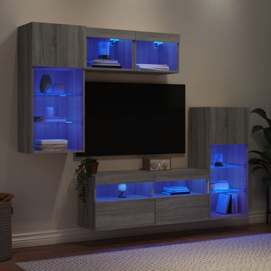 5 darab szürke sonoma színű szerelt fa fali TV-bútor LED-del