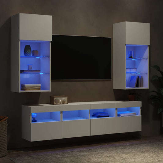 5 darab fehér szerelt fa fali TV-bútor LED-del