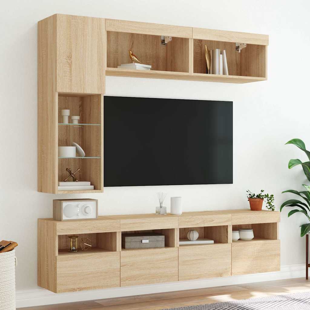 7 darab sonoma tölgy színű falra szerelhető TV-szekrény LED-del