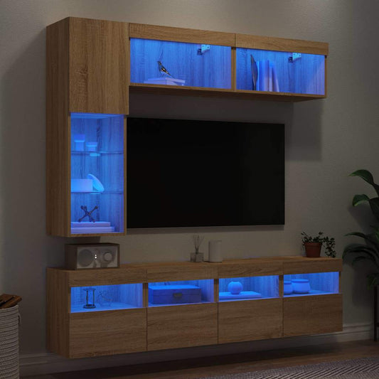 7 darab sonoma tölgy színű falra szerelhető TV-szekrény LED-del