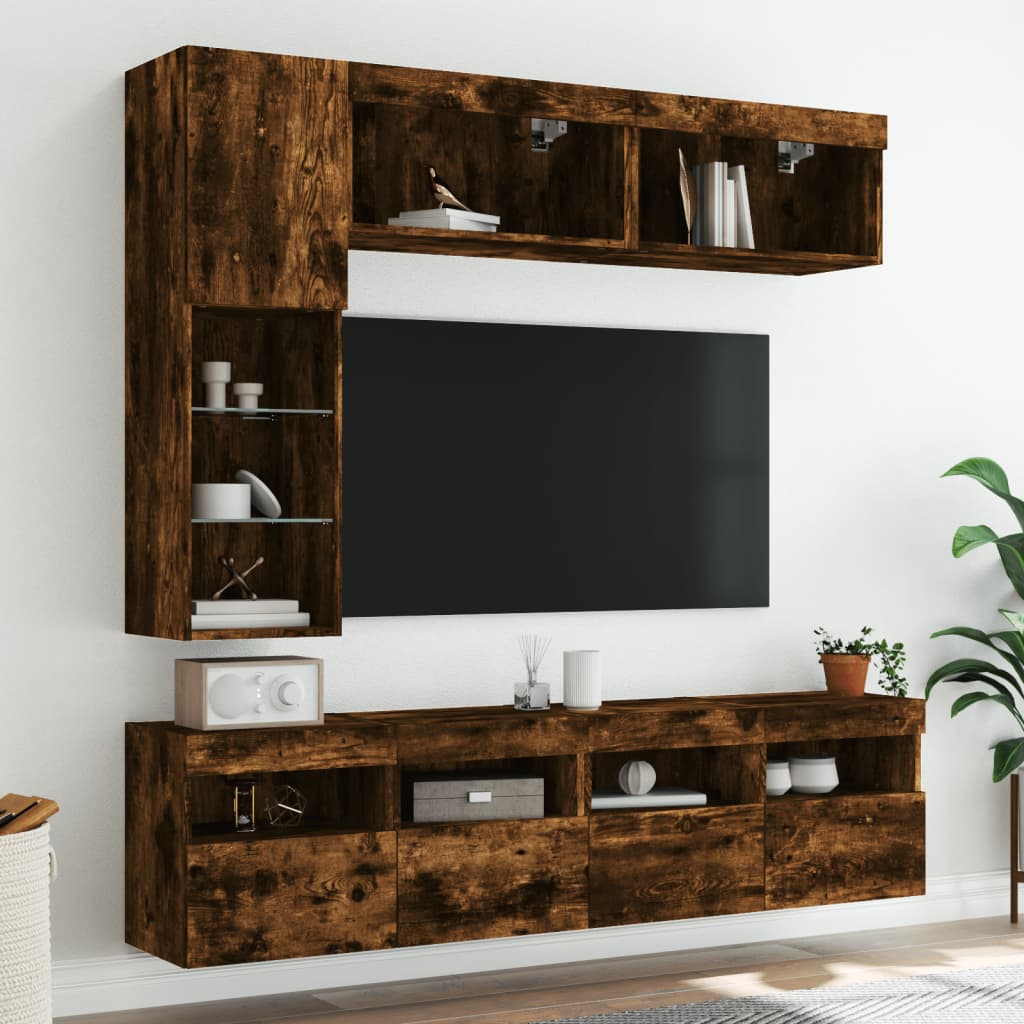 7 darabos füstös tölgy színű fali TV-szekrény szett LED-del