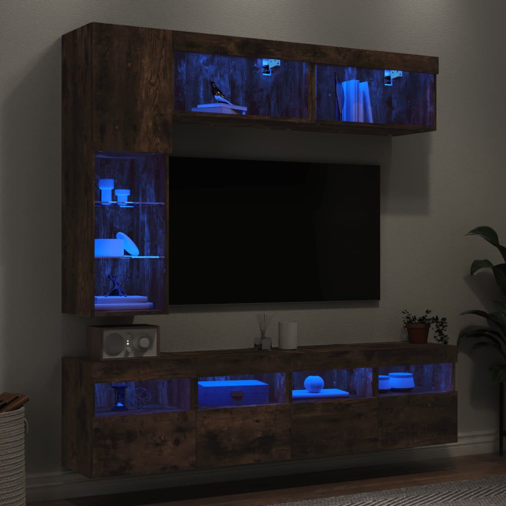 7 darabos füstös tölgy színű fali TV-szekrény szett LED-del