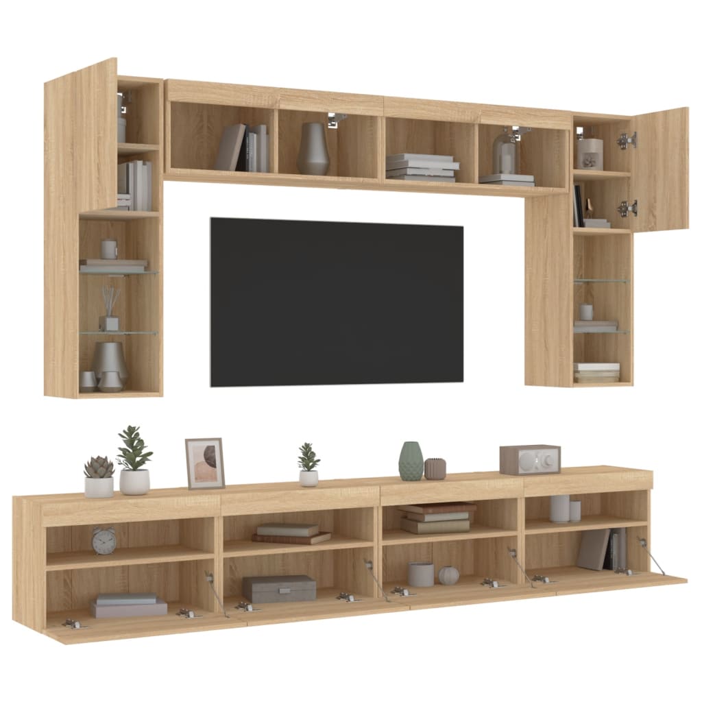 8 darab sonoma tölgy színű falra szerelhető TV-szekrény LED-del
