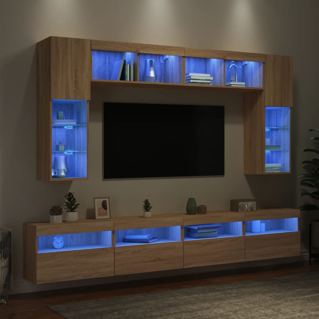 8 darab sonoma tölgy színű falra szerelhető TV-szekrény LED-del