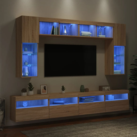 8 darab sonoma tölgy színű falra szerelhető TV-szekrény LED-del