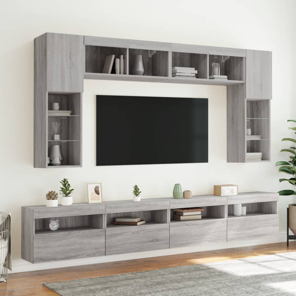 8 db szürke sonoma színű falra szerelhető TV-szekrény LED-ekkel