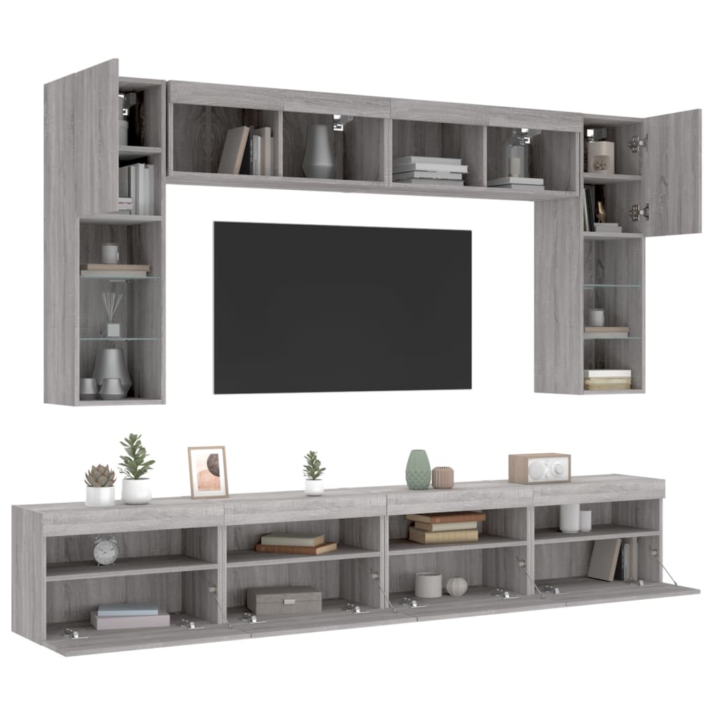 8 db szürke sonoma színű falra szerelhető TV-szekrény LED-ekkel