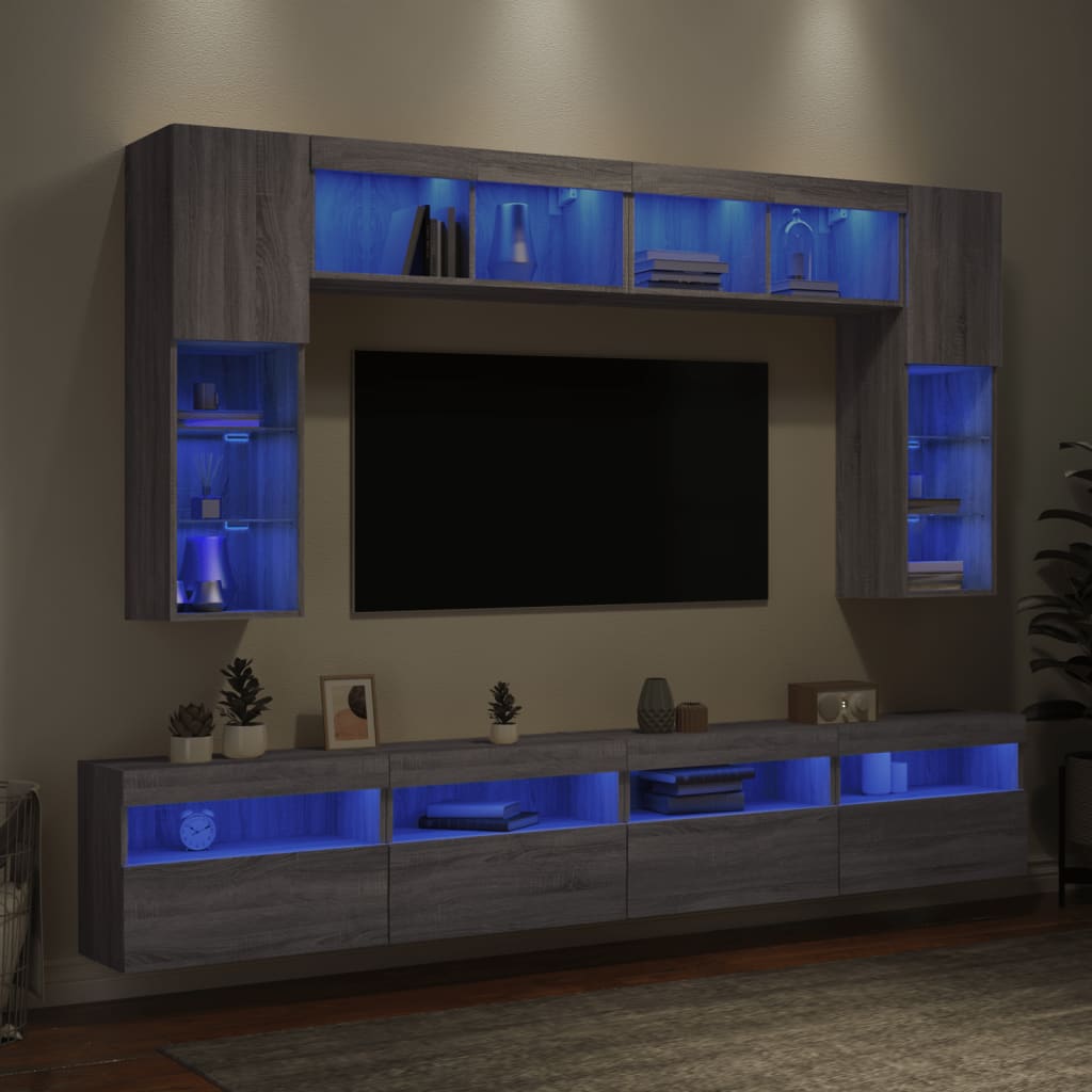 8 db szürke sonoma színű falra szerelhető TV-szekrény LED-ekkel