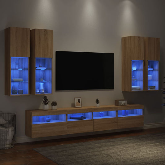 7 darab sonoma tölgy színű falra szerelhető TV-szekrény LED-del