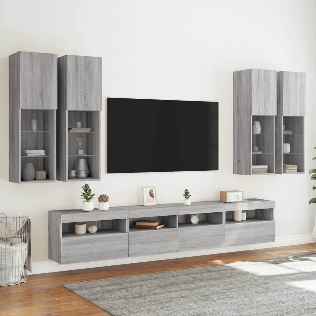 7 db szürke sonoma színű falra szerelhető TV-szekrény LED-ekkel