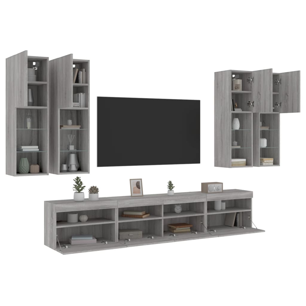 7 db szürke sonoma színű falra szerelhető TV-szekrény LED-ekkel