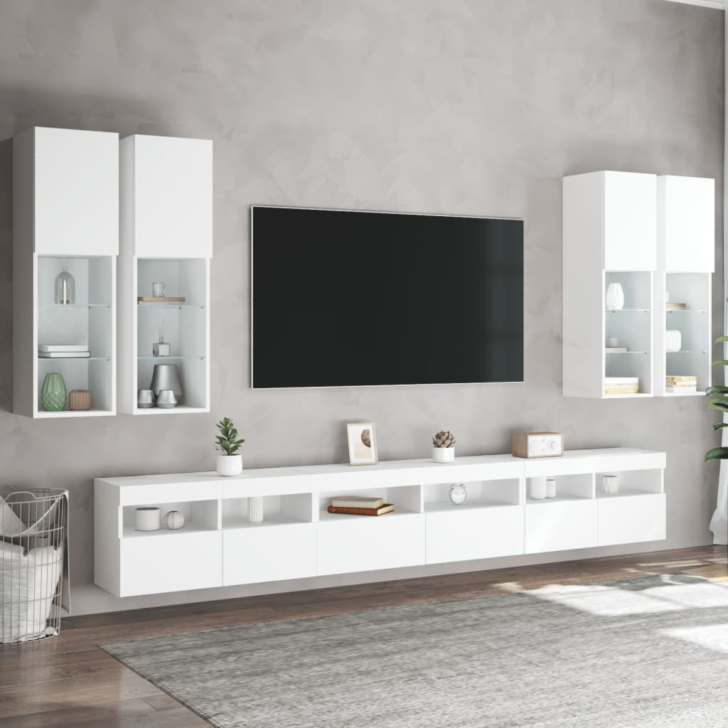 7 darabos fehér falra szerelhető TV-szekrényszett LED-ekkel