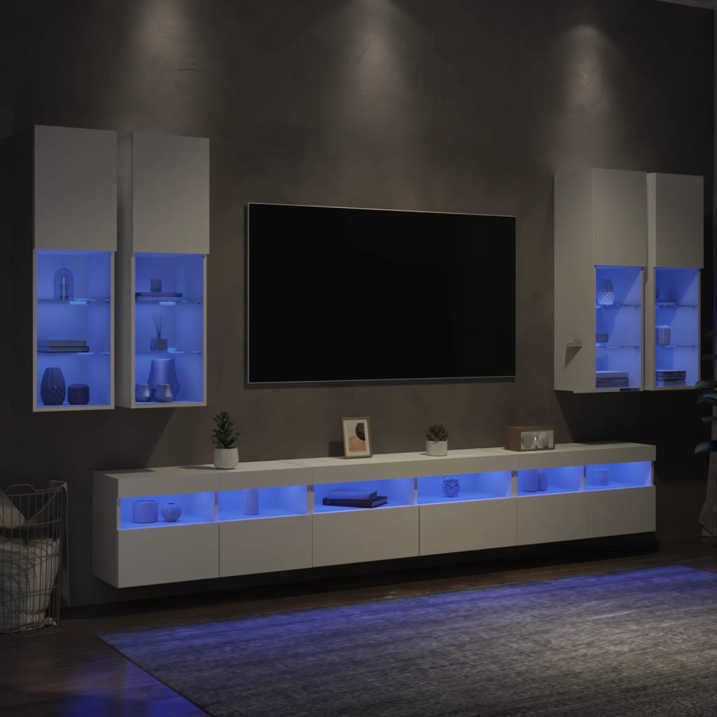 7 darabos fehér falra szerelhető TV-szekrényszett LED-ekkel