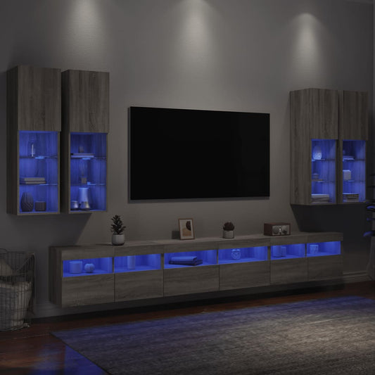 7 db szürke sonoma színű falra szerelhető TV-szekrény LED-ekkel