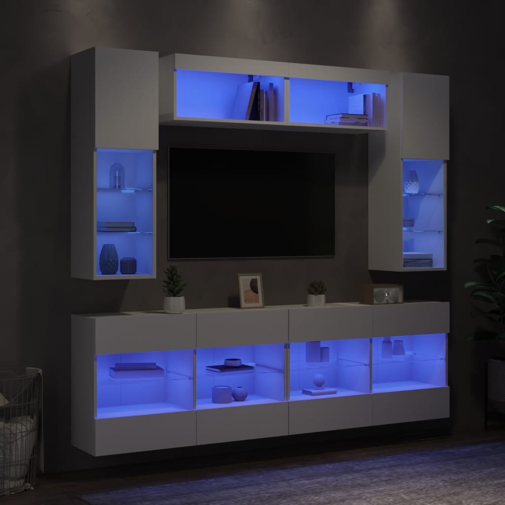 6 darabos fehér falra szerelhető TV-szekrényszett LED-ekkel