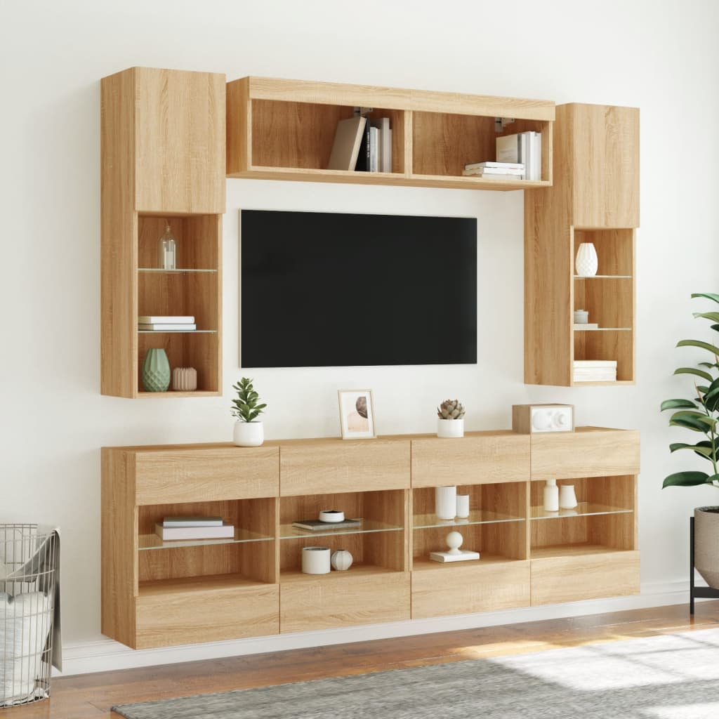 6 darab sonoma tölgy színű falra szerelhető TV-szekrény LED-del