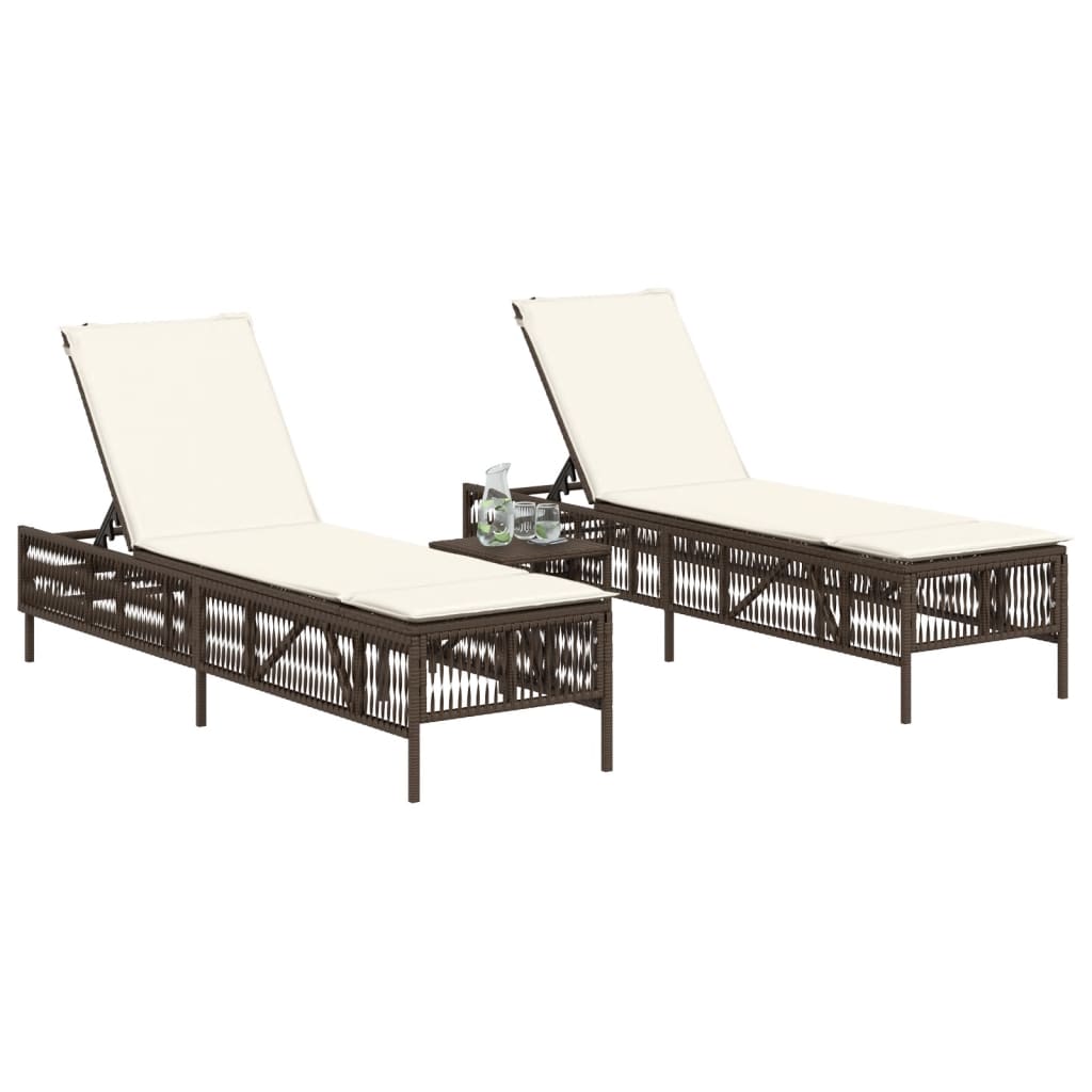 2 db barna polyrattan napozóágy asztallal