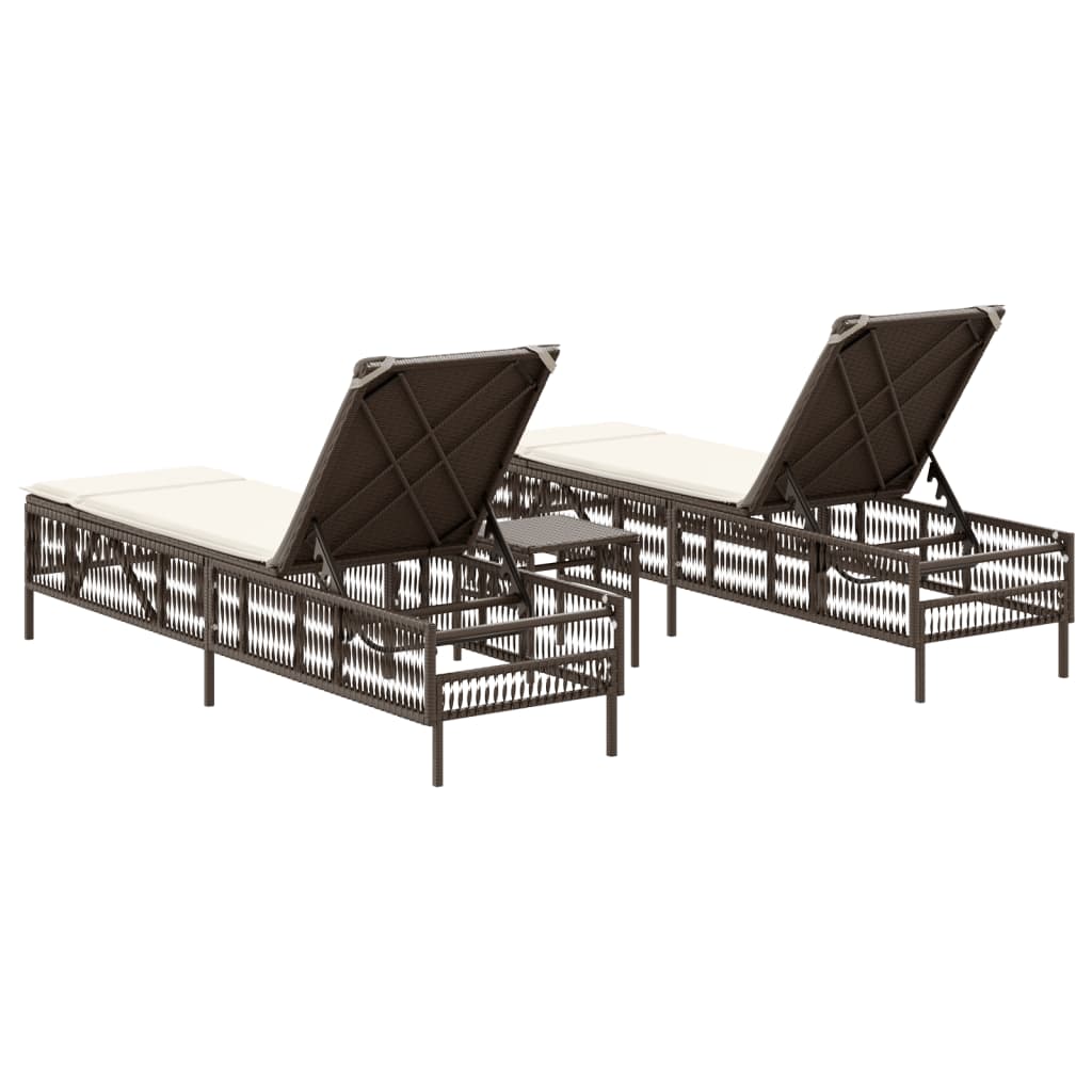 2 db barna polyrattan napozóágy asztallal