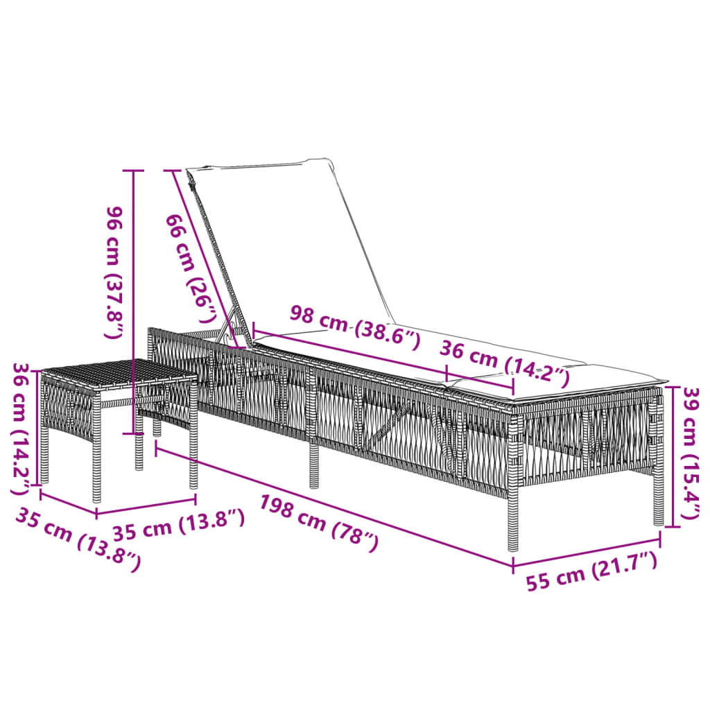 2 db barna polyrattan napozóágy asztallal